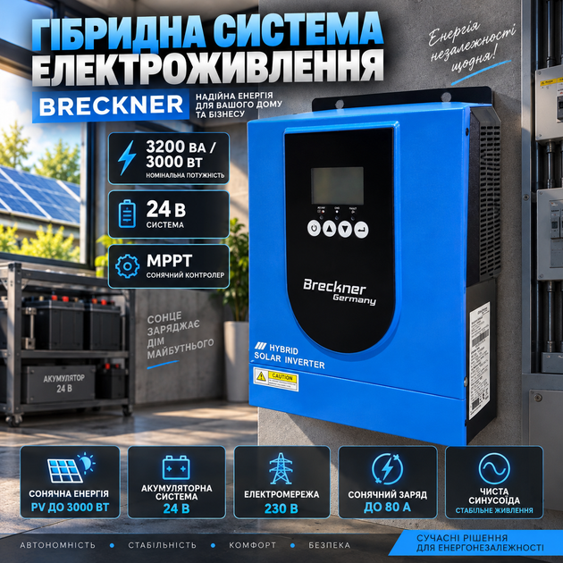 Гибридный инвертор Breckner Germany SY-3.2KW-24V BK77730 3000 Вт 24 В преобразователь напряжения с чистой синусоидой MPPT 80 А солнечный зарядный инвертор 230 В зарядка от сети 60 А - изображение 3