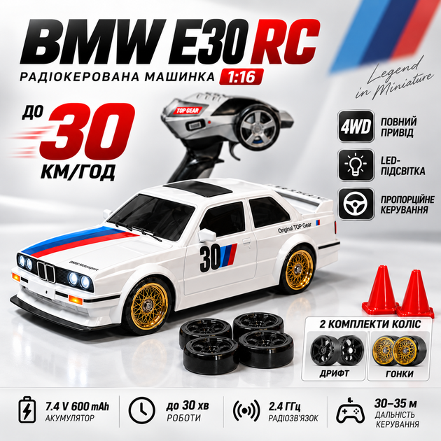 Радиоуправляемая машинка BMW E30 1:16 4WD до 30 км/ч — RC дрифт-кар на пульте 2.4GHz, машинка для дрифта, пропорциональное управление, LED-фары, сменные дрифт-колёса, 1 аккумулятор - изображение 15