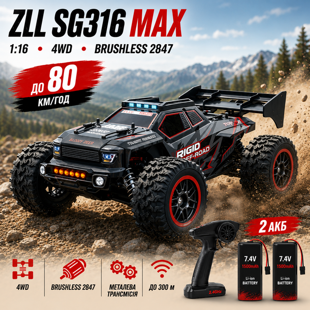 Радиоуправляемая машинка ZLL SG316 MAX 1:16 4WD до 80 км/ч, бесколлекторный RC внедорожник на пульте управления, 2 аккумулятора - изображение 10