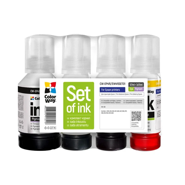 Комплект чернил ColorWay для Epson EP415/EW415 BK/C/M/Y Пигментные/Водорастворимые 127 ml + 3 x 70 ml (CW-EP415/EW415SET01) - Фото 1 Комплект чернил ColorWay для Epson EP415/EW415 BK/C/M/Y Пигментные/Водорастворимые 127 ml + 3 x 70 ml (CW-EP415/EW415SET01) - изображение 1