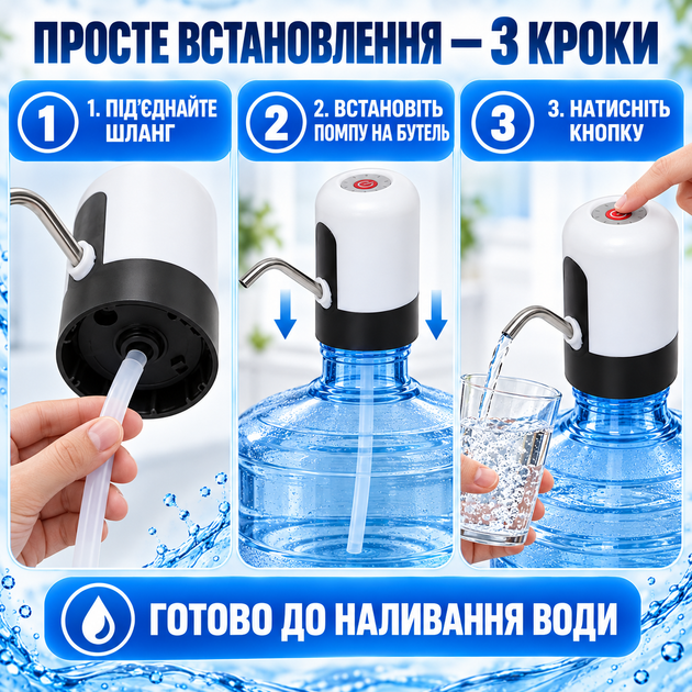 Електрична акумуляторна помпа для води на бутель із горловиною 7 см, автоматичний диспенсер зі шлангом 55 см, біло-чорна - Фото 2 Електрична акумуляторна помпа для води на бутель із горловиною 7 см, автоматичний диспенсер зі шлангом 55 см, біло-чорна - зображення 2