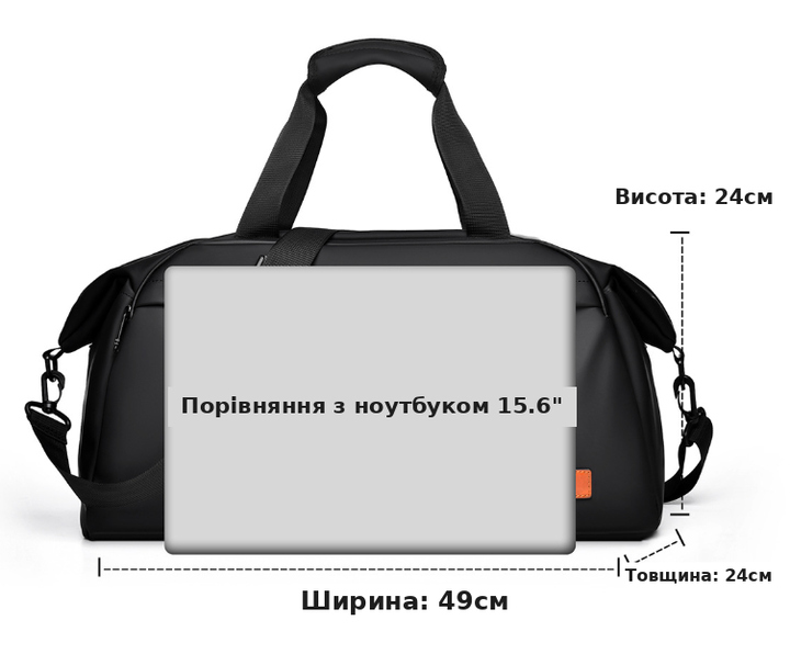 Сумка спортивная влагозащитная 49×24×24 см. дорожная сумка с плечевым ремнем и креплением на чемодан Черный (S169-2) - изображение 6