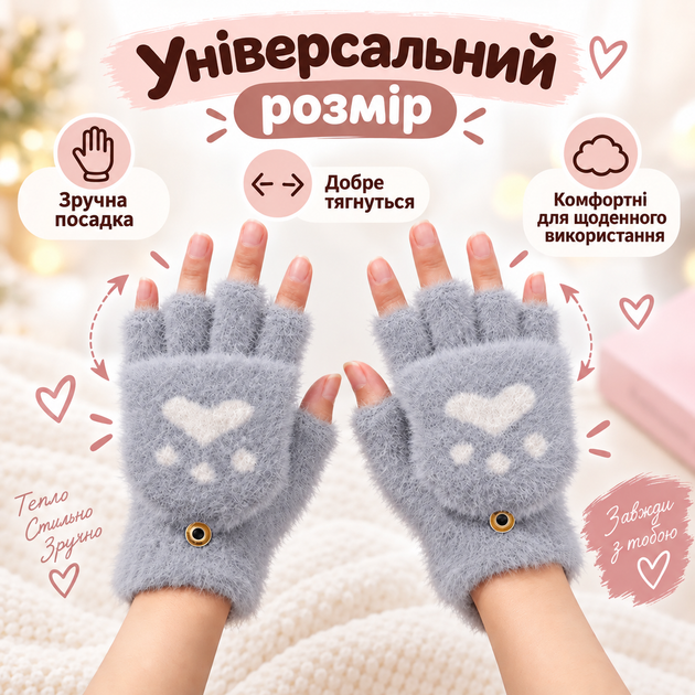 Рукавички жіночі хутряні з відкидною рукавицею, плюшеві мітенки-трансформери «Котяча лапка», one size сірі KT9003009 - зображення 3