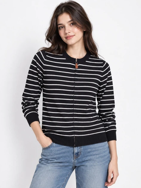 Женская демисезонная кофта черная в полоску на молнии One size (263302) - Фото 1 Женская демисезонная кофта черная в полоску на молнии One size (263302) - изображение 1