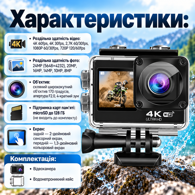 Екшн-камера MHZ Q80 4K 60fps 24MP Wi-Fi EIS 170° з водонепроникним кейсом до 30 м - зображення 2