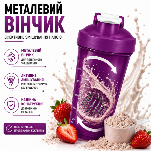 Шейкер APX ShakerBottle 109, спортивний, 400 мл, з металевим віночком для змішування, BPA Free, фіолетовий - зображення 2