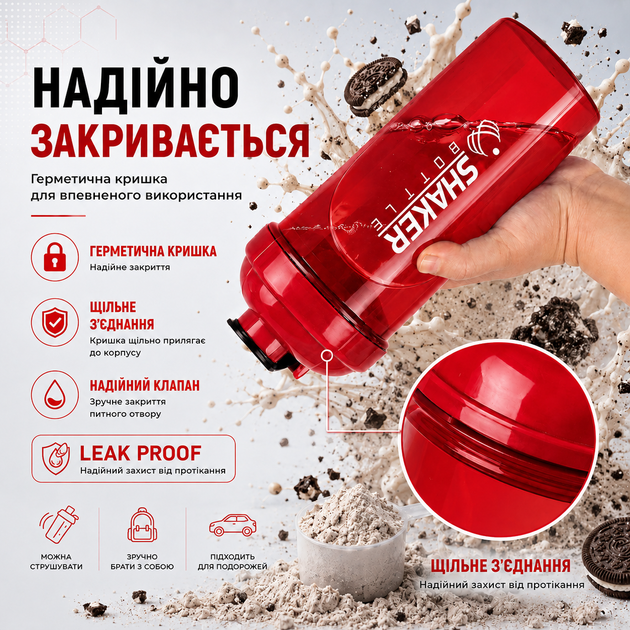Шейкер спортивний APEX ShakerBottle, 700 мл, із сіткою для змішування, BPA Free, червоний - Фото 4 Шейкер спортивний APEX ShakerBottle, 700 мл, із сіткою для змішування, BPA Free, червоний - зображення 4
