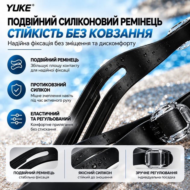Набір для плавання YUKE: дзеркальні окуляри Anti-Fog із силіконовою шапочкою, чорні з чорним ремінцем - Фото 7 Набір для плавання YUKE: дзеркальні окуляри Anti-Fog із силіконовою шапочкою, чорні з чорним ремінцем - зображення 7