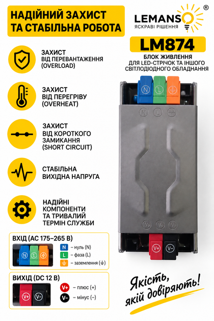 Блок живлення LEMANSO LM874 12V 5A 60W — для LED стрічки, металевий корпус - изображение 2