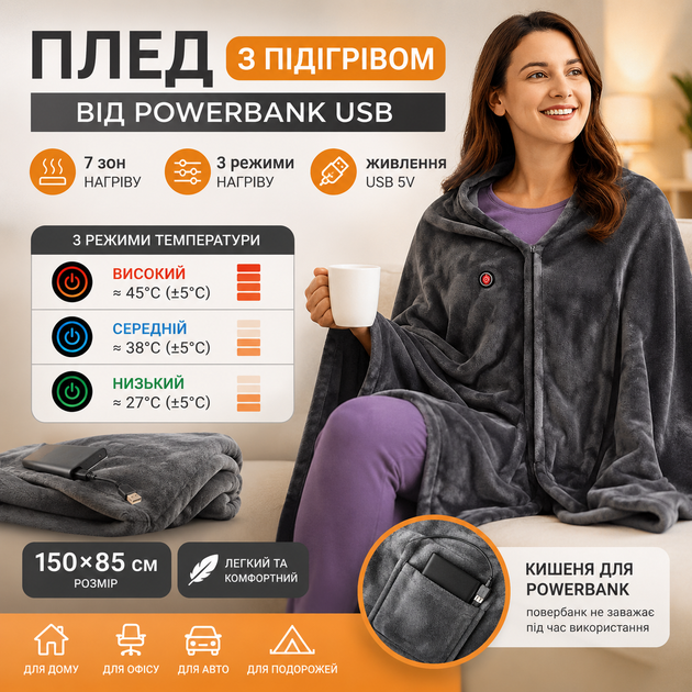 Плед пончо с подогревом от PowerBank USB 150×85 см, флисовый электроплед 3 режима, 7 зон нагрева - Фото 7 Плед пончо с подогревом от PowerBank USB 150×85 см, флисовый электроплед 3 режима, 7 зон нагрева - изображение 7