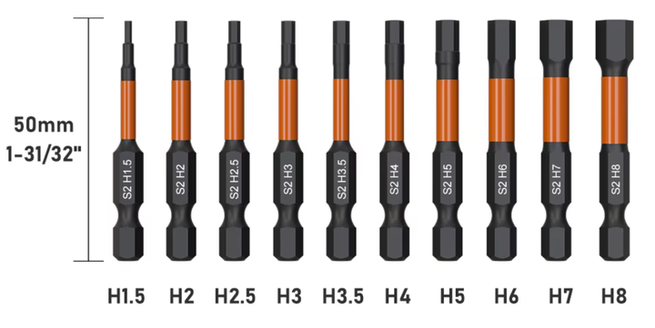 Набор бит шестигранных HEX H1.5–H8 S2 50 мм с держателем 10 шт. - изображение 2