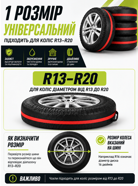 Чехлы для хранения автомобильных колес и шин R13 - R20 комплект 4 шт черные с красными ремнями - Фото 7 Чехлы для хранения автомобильных колес и шин R13 - R20 комплект 4 шт черные с красными ремнями - изображение 7