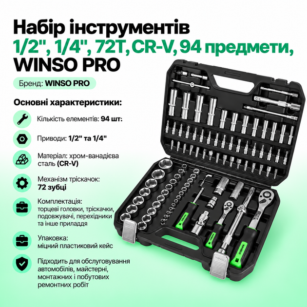 Набор инструментов, 1/2", 1/4", 72T, CR-V, 94 предмета, WINSO PRO - Фото 2 Набор инструментов, 1/2", 1/4", 72T, CR-V, 94 предмета, WINSO PRO - изображение 2