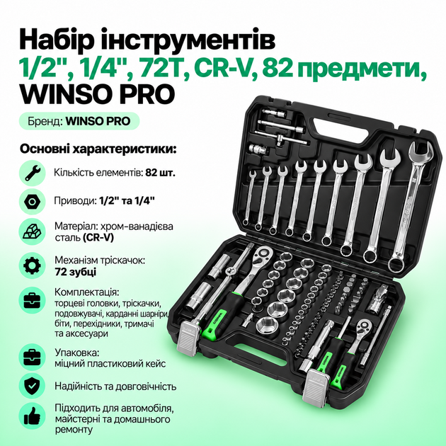 Набор инструментов, 1/2", 1/4", 72T, CR-V, 82 предмета, WINSO PRO - Фото 2 Набор инструментов, 1/2", 1/4", 72T, CR-V, 82 предмета, WINSO PRO - изображение 2