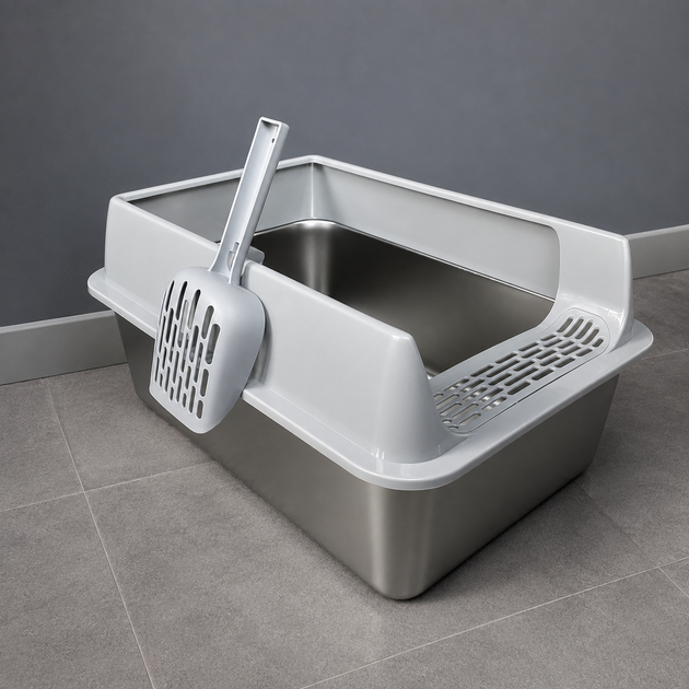 Лоток для кота с высокими бортиками из нержавеющей стали 50×35×25 см кошачий туалет, серый - изображение 9