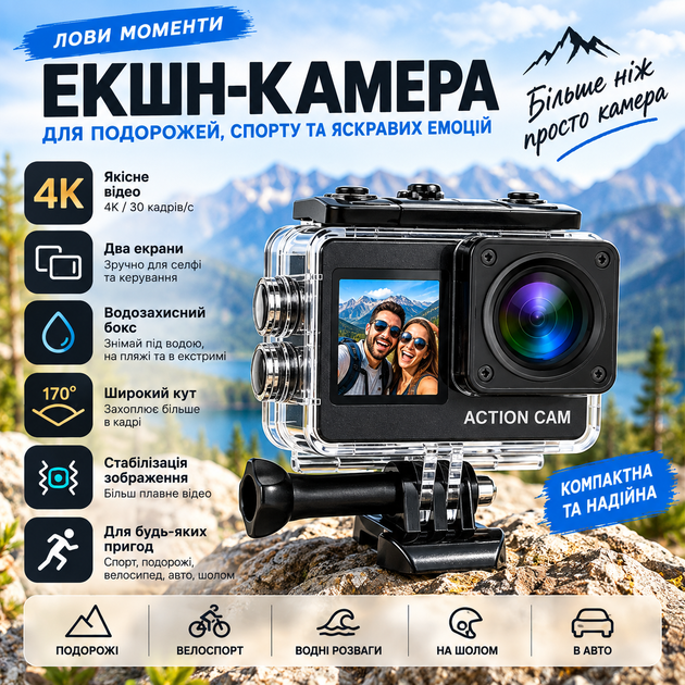 Экшн-камера Action Cam с двумя экранами, водозащитным боксом, аккумулятором 1050 мАч и набором креплений для спорта, велосипеда - изображение 4