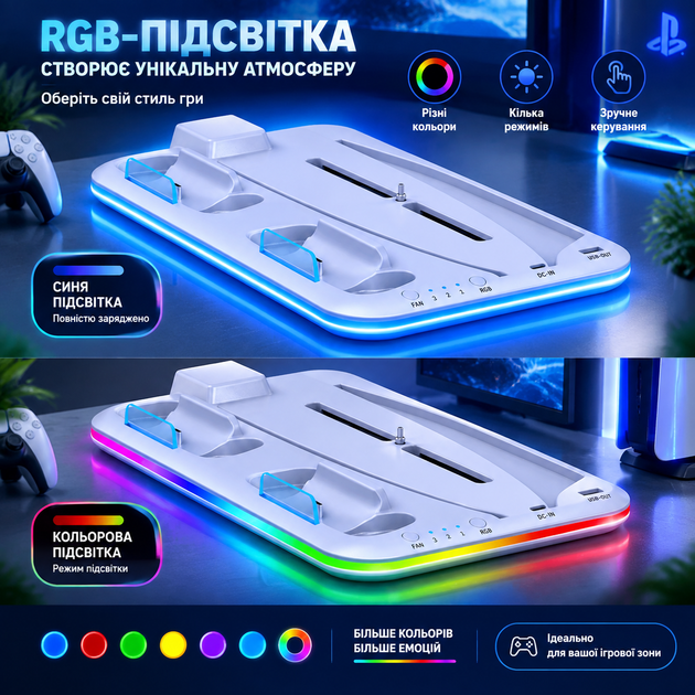 Док-станция Saitake STK-DZ501 для PlayStation 5 PS5 (версия с дисководом и Digital), охлаждение, зарядка 2 DualSense, держатель для наушников - изображение 6