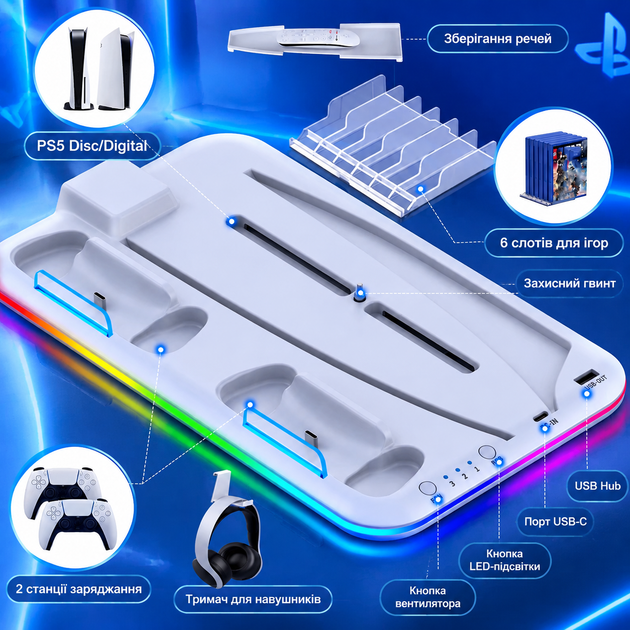 Док-станция Saitake STK-DZ501 для PlayStation 5 PS5 (версия с дисководом и Digital), охлаждение, зарядка 2 DualSense, держатель для наушников - изображение 7