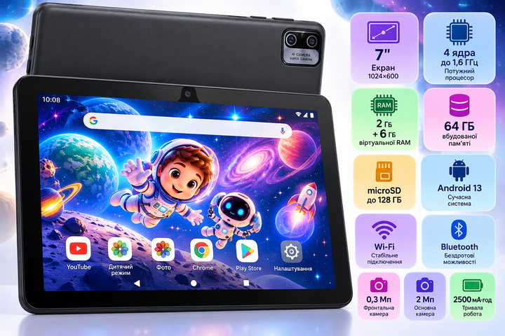 Дитячий планшет 7" Smart Life Within Reach KT1018 2+6/64GB Wi-Fi Android 13 2500 mAh + захисний чохол Blue/Yellow - зображення 4