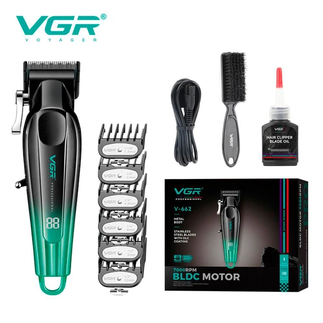 Машинка для стрижки волос аккумуляторная профессиональная 7000 RPM VGR V-662 Green, 6 насадок, LED дисплей - изображение 8