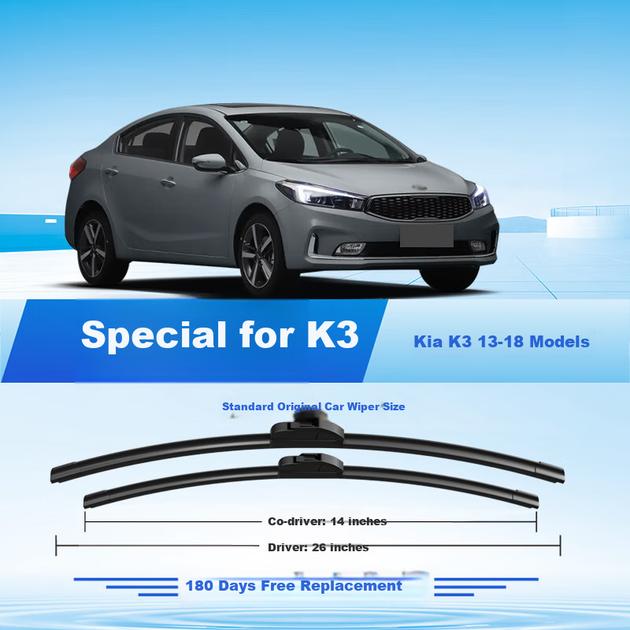 Склоочисники Aoye підходять для Kia K3 (моделі 2013-2018)/K3S (моделі 2014-2017), безрамкові щітки склоочисників, передні склоочисники, 1 пара, 26+14 дюймів - зображення 4