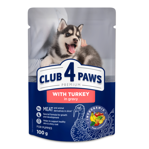 Вологий корм для цуценят Club 4 Paws Клуб 4 Лапи з індичкою в соусі пауч 100 г 1 шт (4820215363198) - Фото 2 Вологий корм для цуценят Club 4 Paws Клуб 4 Лапи з індичкою в соусі пауч 100 г 1 шт (4820215363198) - зображення 2