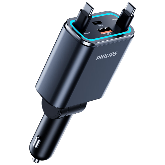 Автомобільний зарядний пристрій Philips, висувний прикурювач із вбудованим кабелем, надшвидка зарядка 100 Вт, автомобільний адаптер, підходить для Apple 16/17 та Huawei C+C 4359 - изображение 4