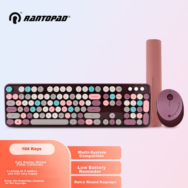 Беспроводная клавиатура и мышь Rantopad RF104, офисный комплект, ретро-клавиатура, мышь, полноразмерный набор из 104 клавиш, фиолетовый, смешанный цвет. - изображение 4
