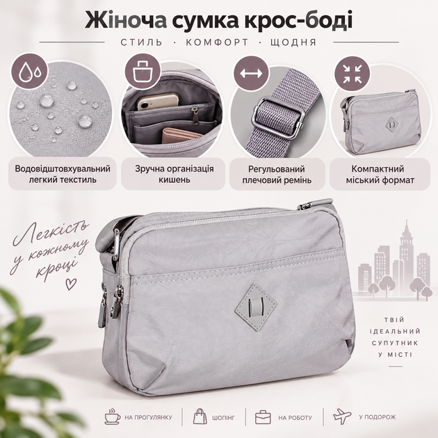 Женская текстильная сумка de esse серая функциональная повседневная сумочка через плечо 51884 - изображение 2