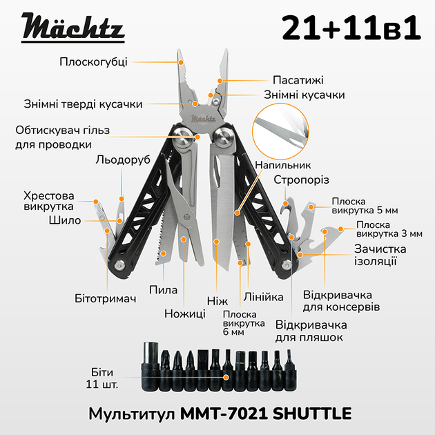 Мультитул Mächtz MMT-7021 SHUTTLE 21+11в1, многофункциональный инструмент - Фото 4 Мультитул Mächtz MMT-7021 SHUTTLE 21+11в1, многофункциональный инструмент - изображение 4
