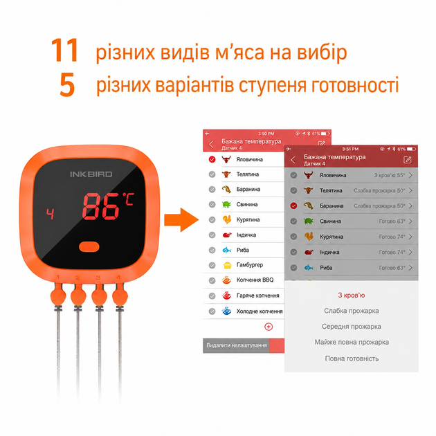 BBQ термометр Inkbird IBT-4XC Bluetooth із захистом IPX5 на 4 щупи для м'яса, гриля, духовки та коптильні | керування через застосунок BBQ Go, дальність до 50 м, акумулятор до 40 годин | водозахищений термометр для стейків з таймером - изображение 8