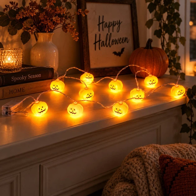 Декоративная гирлянда Тыква Halloween MK 5758 на батарейках, 160 см, тыквы 10 шт (4,5см) - Фото 2 Декоративная гирлянда Тыква Halloween MK 5758 на батарейках, 160 см, тыквы 10 шт (4,5см) - изображение 2