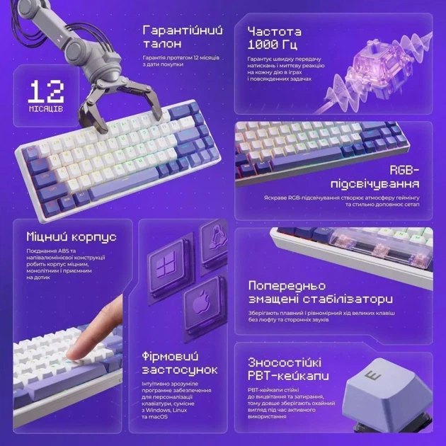 Игровая клавиатура Proove Gaming Cyrex 65% 68 клавиш магнитная Magnetic KTT AquaPrime RGB USB Type-C PBT UKR/ENG White-purple - Фото 10 Игровая клавиатура Proove Gaming Cyrex 65% 68 клавиш магнитная Magnetic KTT AquaPrime RGB USB Type-C PBT UKR/ENG White-purple - изображение 10