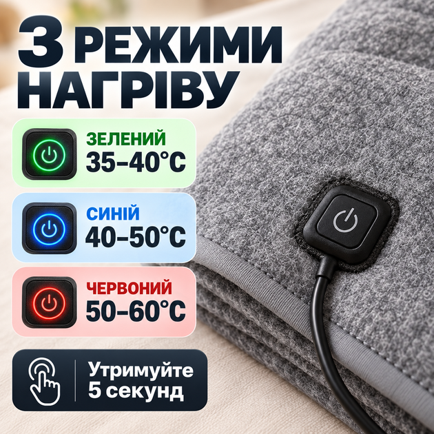 Электропростынь с подогревом от USB 160×80 см, электрический плед от повербанка с 5 зонами нагрева, 3 режимами температуры и автоотключением - изображение 3