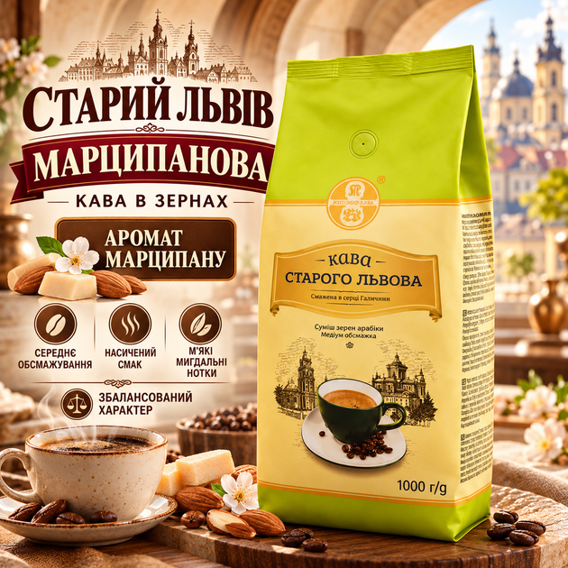 Кава в зернах 1010 г Старий Львів Марципанова ароматизована зернова середнього обсмаження марципан мигдальний смак для кавомашини кавоварки турки френч преса дому офісу кав'ярні - Фото 1 Кава в зернах 1010 г Старий Львів Марципанова ароматизована зернова середнього обсмаження марципан мигдальний смак для кавомашини кавоварки турки френч преса дому офісу кав'ярні - зображення 1
