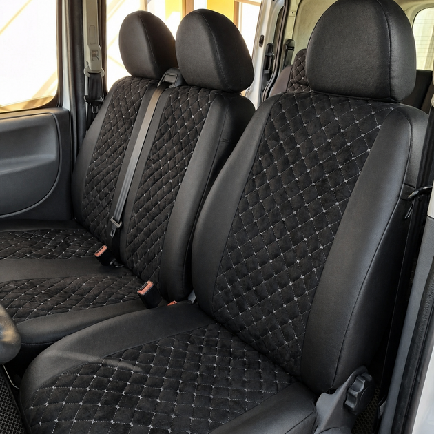 Авточехлы Alux Volkswagen LT 2 (LT 46) Черные с серой строчкой экокожа + алькантара 1+2 (AL12-0536) - изображение 3