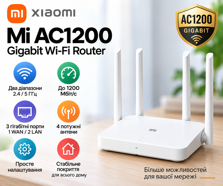 Маршрутизатор Xiaomi Mi AC1200 Gigabit Wi-Fi до 867 Мбіт/с 2.4/5 ГГц 4 антени 2 LAN/1 WAN (DVB4330GL) - Фото 2 Маршрутизатор Xiaomi Mi AC1200 Gigabit Wi-Fi до 867 Мбіт/с 2.4/5 ГГц 4 антени 2 LAN/1 WAN (DVB4330GL) - изображение 2