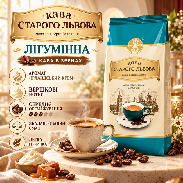 Зерновой кофе 1015 г Старого Львова Лигуминна купаж арабика робуста с ароматом Ирландский крем кофе средней обжарки насыщенный вкус сливочные ноты легкая горчинка для эспрессо кофемашины френч-пресса - Фото 1 Зерновой кофе 1015 г Старого Львова Лигуминна купаж арабика робуста с ароматом Ирландский крем кофе средней обжарки насыщенный вкус сливочные ноты легкая горчинка для эспрессо кофемашины френч-пресса - изображение 1