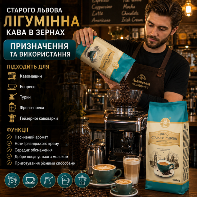Кофе в зернах 1000 г Старого Львова Лигуминна зерновой кофе купаж арабики робусты средней обжарки с ароматом Ирландский крем легкой горчинкой для кофемашины турки гейзерной кофеварки френч-пресса - Фото 4 Кофе в зернах 1000 г Старого Львова Лигуминна зерновой кофе купаж арабики робусты средней обжарки с ароматом Ирландский крем легкой горчинкой для кофемашины турки гейзерной кофеварки френч-пресса - изображение 4