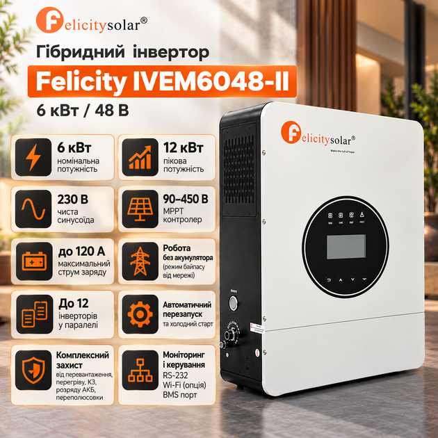 Гибридный инвертор Felicity IVEM6048-II 6 кВт + Аккумуляторная батарея FelicityESS LiFePO4 FLB48100WG1-H (Heating) 51.2V 5.12kWh для дома - изображение 3