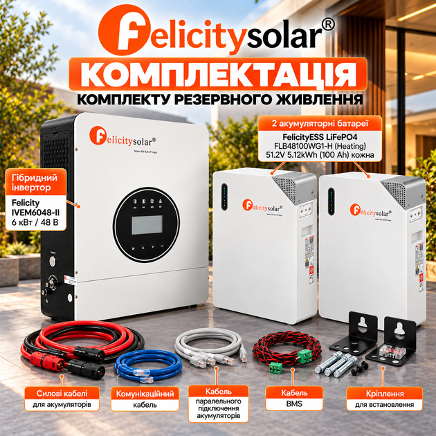 Гибридный инвертор Felicity IVEM6048-II 6 кВт + 2 Аккумуляторные батареи FelicityESS LiFePO4 FLB48100WG1-H (Heating) 51.2V 5.12kWh для дома - изображение 4