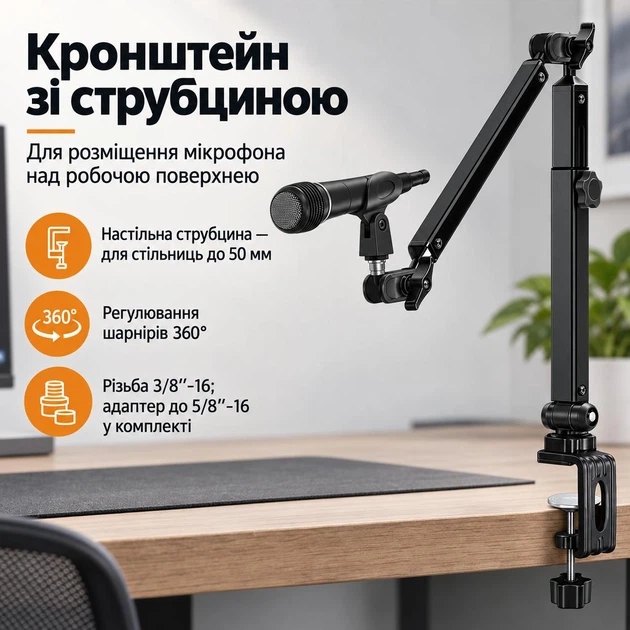 Настольный кронштейн пантограф для микрофона со струбциной и держателем для микрофона и резьбой 3/8" -5/8" - изображение 2