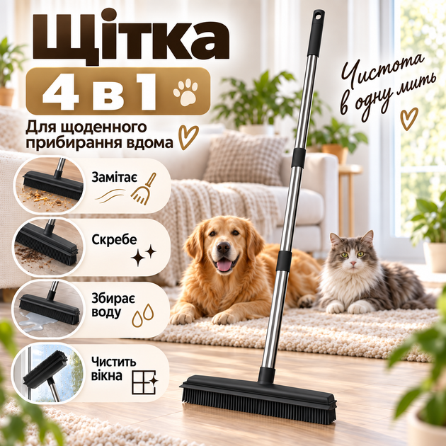 Гумова універсальна щітка-швабра 4 в 1 для підлоги, килимів, шерсті та вікон, ручка з нержавіючої сталі KT9005112 - Фото 6 Гумова універсальна щітка-швабра 4 в 1 для підлоги, килимів, шерсті та вікон, ручка з нержавіючої сталі KT9005112 - зображення 6