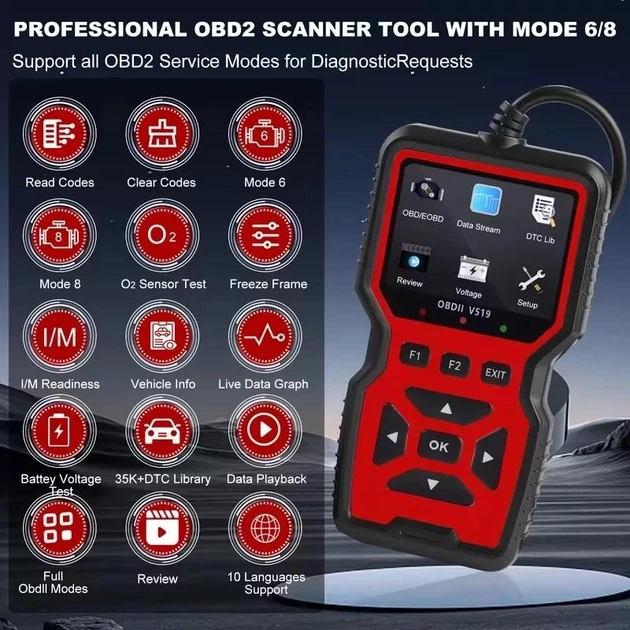Диагностический сканер для автомобиля OBDII V519 (Черно-красный) - изображение 4
