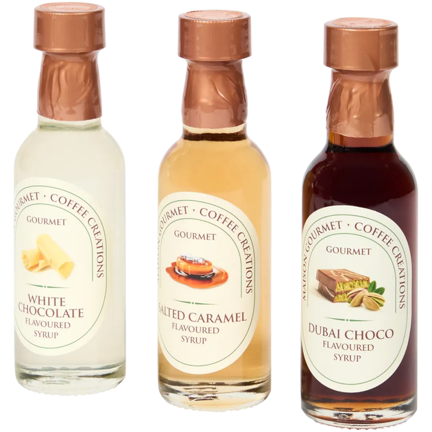 Набор кофейных сиропов Maison Gourmet Coffee Creations White Chocolate, Salted Caramel & Dubai Choco 3×45 мл - Фото 2 Набор кофейных сиропов Maison Gourmet Coffee Creations White Chocolate, Salted Caramel & Dubai Choco 3×45 мл - изображение 2