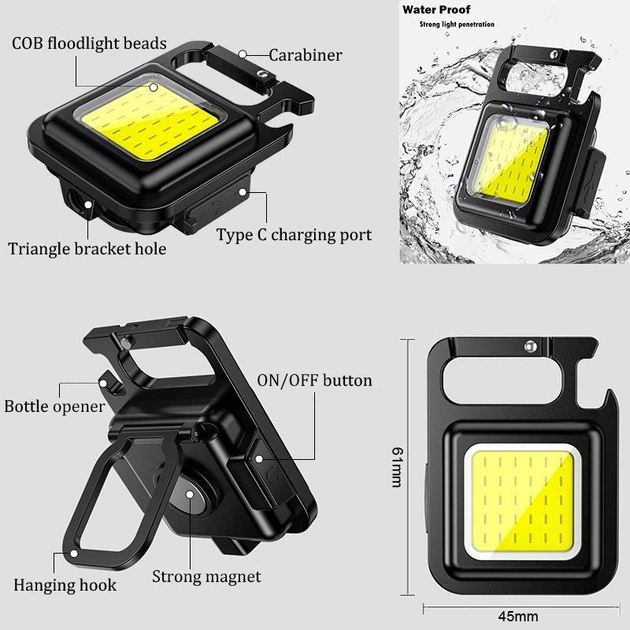 Мініліхтарик брелок з карабіном, акумуляторний LED, 1000 люменів, USB, Type-C (500 мА·год) - Фото 2 Мініліхтарик брелок з карабіном, акумуляторний LED, 1000 люменів, USB, Type-C (500 мА·год) - изображение 2