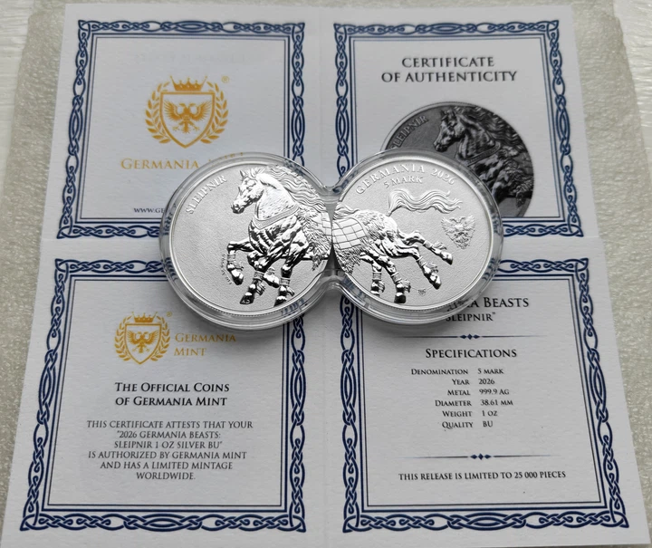Набор из двух серебряных монет Слейпнир Sleipnir серии "Чудовища Германии" в двойной капсуле Germania Mint - Фото 2 Набор из двух серебряных монет Слейпнир Sleipnir серии "Чудовища Германии" в двойной капсуле Germania Mint - изображение 2