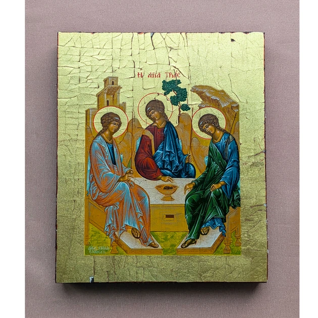 Писана грецька ікона Святої Трійці (Старозавітна) 15×19 см - Фото 3 Писана грецька ікона Святої Трійці (Старозавітна) 15×19 см - зображення 3