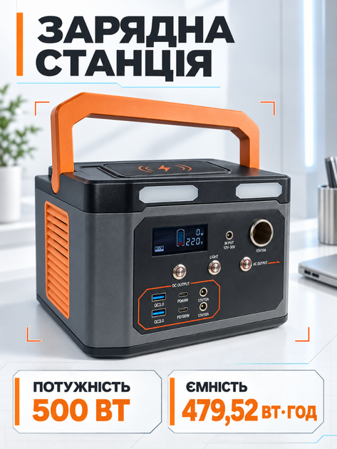 Портативная зарядная станция 500 Вт 479 Вт-ч с чистой синусоидой и розеткой 220 В для бытовой техники серо-оранжевая (37261133) - изображение 2