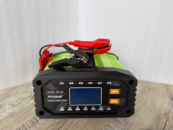 Зарядний пристрій для автомобільного акумулятора Foxsur 12V 20А - 24V 10A, 10-300 А-год, імпульсний - Фото 1 Зарядний пристрій для автомобільного акумулятора Foxsur 12V 20А - 24V 10A, 10-300 А-год, імпульсний - зображення 1